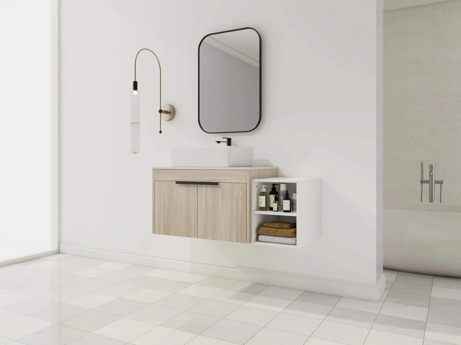 42 ' Modern Design Float Bathroom Vanity With Ceramic Art Sink, White Flat Stone Slab and Small Storage Shelves, Soft Closed Door,KD-Package (TOP-BAB110MOWH) Default -DTYStore