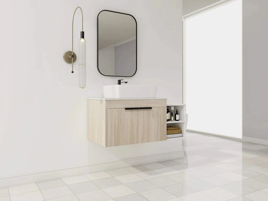 42 ' Modern Design Float Bathroom Vanity With Ceramic Art Sink, White Flat Stone Slab and Small Storage Shelves, Soft Closed Door,KD-Package (TOP-BAB110MOWH) Default -DTYStore