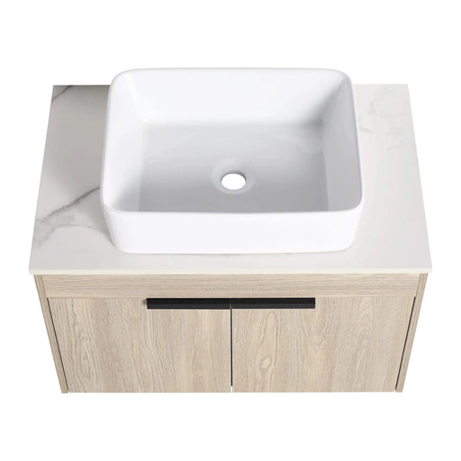 42 ' Modern Design Float Bathroom Vanity With Ceramic Art Sink, White Flat Stone Slab and Small Storage Shelves, Soft Closed Door,KD-Package (TOP-BAB110MOWH) Default -DTYStore