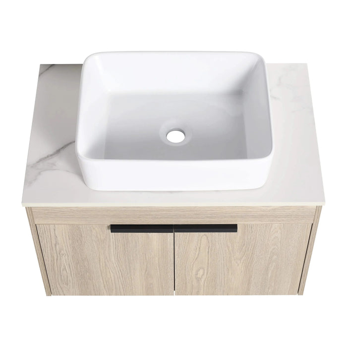 42 ' Modern Design Float Bathroom Vanity With Ceramic Art Sink, White Flat Stone Slab and Small Storage Shelves, Soft Closed Door,KD-Package (TOP-BAB110MOWH) Default -DTYStore