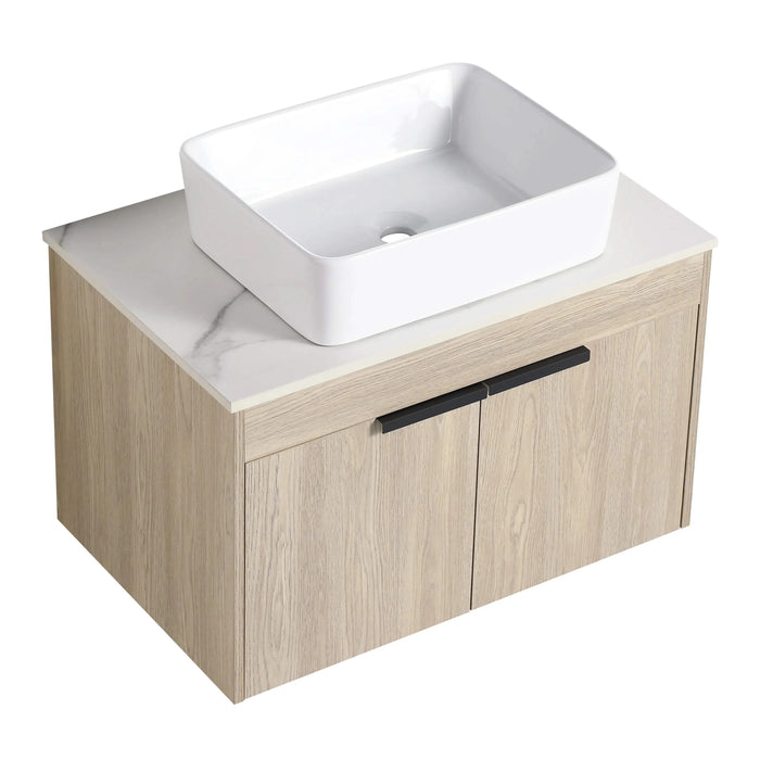 42 ' Modern Design Float Bathroom Vanity With Ceramic Art Sink, White Flat Stone Slab and Small Storage Shelves, Soft Closed Door,KD-Package (TOP-BAB110MOWH) Default -DTYStore