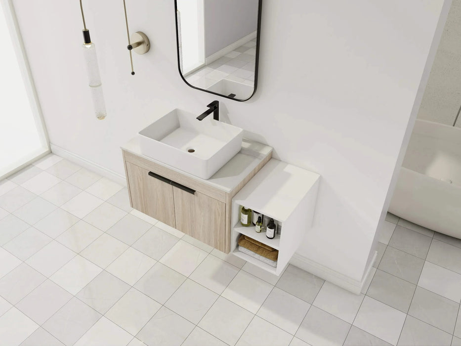 42 ' Modern Design Float Bathroom Vanity With Ceramic Art Sink, White Flat Stone Slab and Small Storage Shelves, Soft Closed Door,KD-Package (TOP-BAB110MOWH) Default -DTYStore