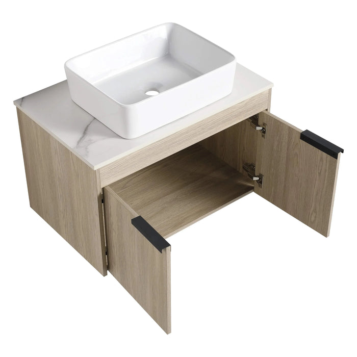 42 ' Modern Design Float Bathroom Vanity With Ceramic Art Sink, White Flat Stone Slab and Small Storage Shelves, Soft Closed Door,KD-Package (TOP-BAB110MOWH) Default -DTYStore