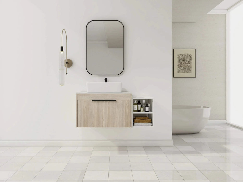 42 ' Modern Design Float Bathroom Vanity With Ceramic Art Sink, White Flat Stone Slab and Small Storage Shelves, Soft Closed Door,KD-Package (TOP-BAB110MOWH) Default -DTYStore