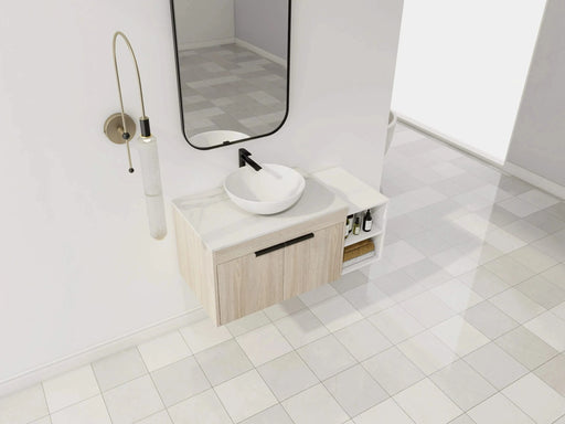 42 ' Modern Design Float Bathroom Vanity With Ceramic Art Sink, White Flat Stone Slab and Small Storage Shelves, Soft Closed Door,KD-Package (TOP-BAB321MOWH) Default -DTYStore