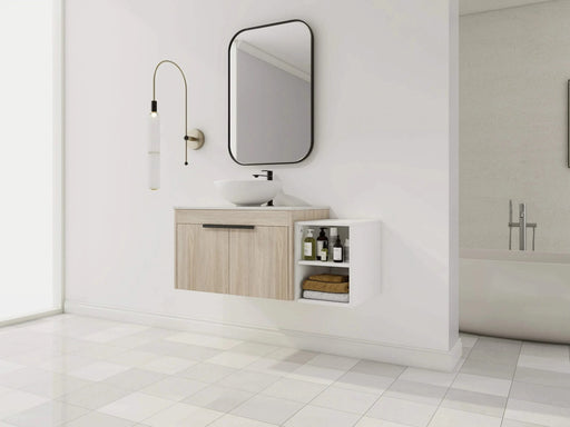 42 ' Modern Design Float Bathroom Vanity With Ceramic Art Sink, White Flat Stone Slab and Small Storage Shelves, Soft Closed Door,KD-Package (TOP-BAB321MOWH) Default -DTYStore