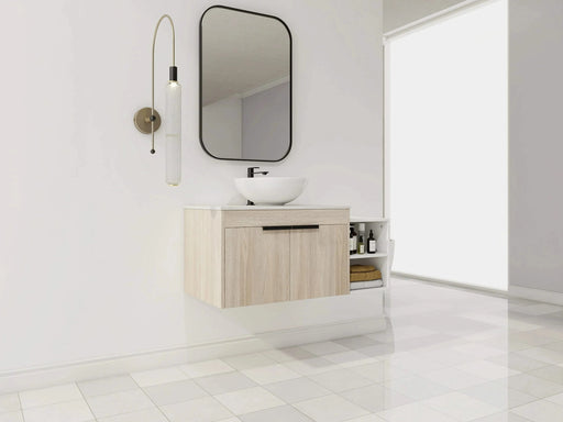 42 ' Modern Design Float Bathroom Vanity With Ceramic Art Sink, White Flat Stone Slab and Small Storage Shelves, Soft Closed Door,KD-Package (TOP-BAB321MOWH) Default -DTYStore