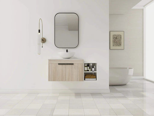 42 ' Modern Design Float Bathroom Vanity With Ceramic Art Sink, White Flat Stone Slab and Small Storage Shelves, Soft Closed Door,KD-Package (TOP-BAB321MOWH) Default -DTYStore