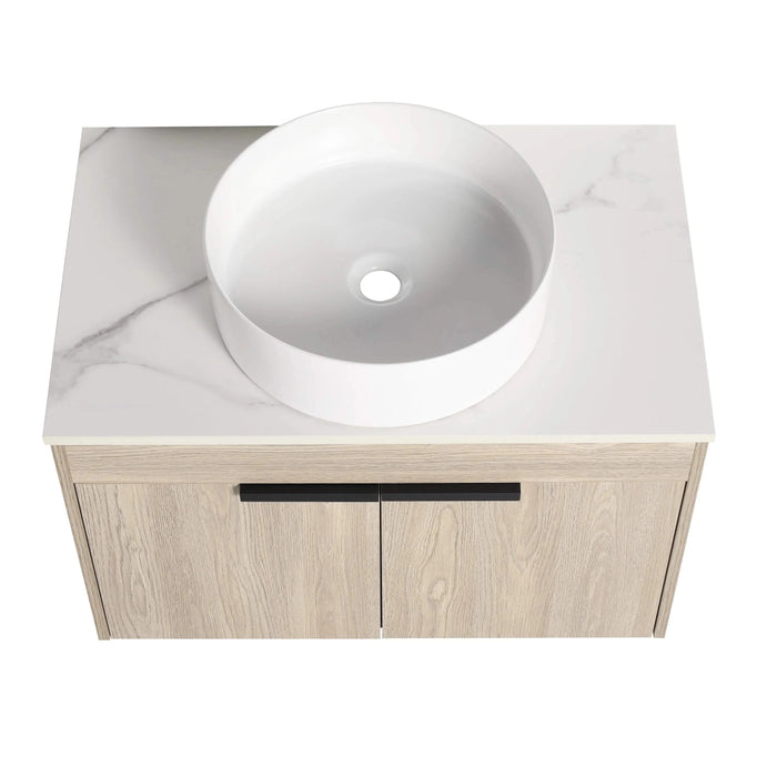 42 ' Modern Design Float Bathroom Vanity With Ceramic Art Sink, White Flat Stone Slab and Small Storage Shelves, Soft Closed Door,KD-Package (TOP-BAB400MOWH) Default -DTYStore