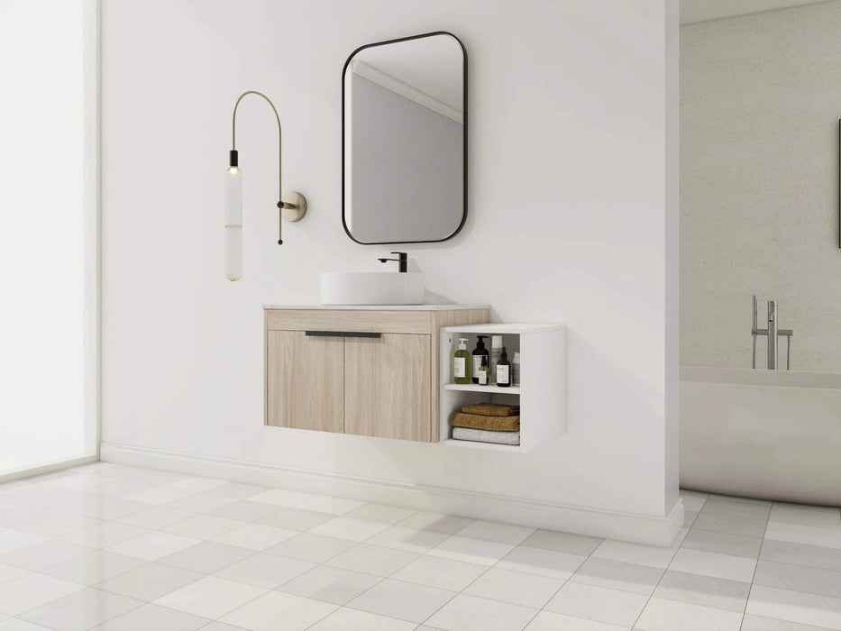 42 ' Modern Design Float Bathroom Vanity With Ceramic Art Sink, White Flat Stone Slab and Small Storage Shelves, Soft Closed Door,KD-Package (TOP-BAB400MOWH) Default -DTYStore