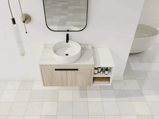 42 ' Modern Design Float Bathroom Vanity With Ceramic Art Sink, White Flat Stone Slab and Small Storage Shelves, Soft Closed Door,KD-Package (TOP-BAB400MOWH) Default -DTYStore