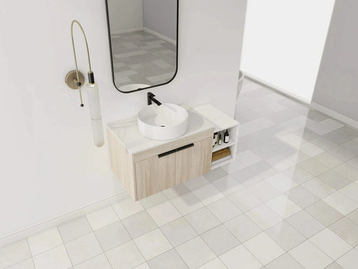 42 ' Modern Design Float Bathroom Vanity With Ceramic Art Sink, White Flat Stone Slab and Small Storage Shelves, Soft Closed Door,KD-Package (TOP-BAB400MOWH) Default -DTYStore