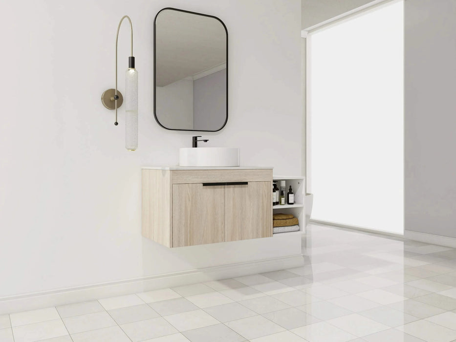 42 ' Modern Design Float Bathroom Vanity With Ceramic Art Sink, White Flat Stone Slab and Small Storage Shelves, Soft Closed Door,KD-Package (TOP-BAB400MOWH) Default -DTYStore