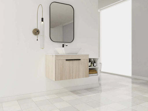 42 ' Modern Design Float Bathroom Vanity With Ceramic Art Sink, White Flat Stone Slab and Small Storage Shelves, Soft Closed Door, KD-Package (TOP-BAB101MOWH) Default -DTYStore