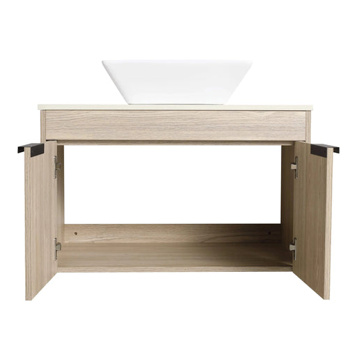 42 ' Modern Design Float Bathroom Vanity With Ceramic Art Sink, White Flat Stone Slab and Small Storage Shelves, Soft Closed Door, KD-Package (TOP-BAB101MOWH) Default -DTYStore