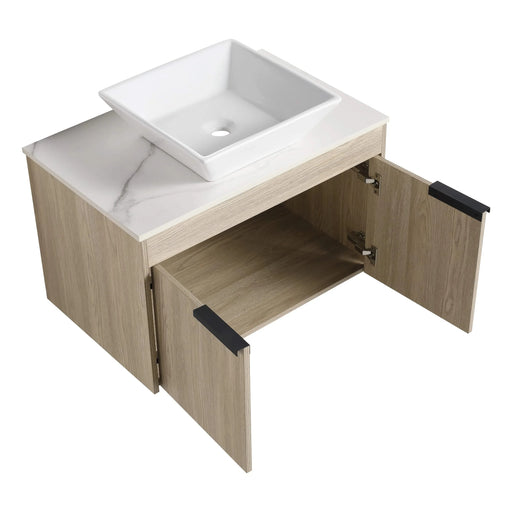 42 ' Modern Design Float Bathroom Vanity With Ceramic Art Sink, White Flat Stone Slab and Small Storage Shelves, Soft Closed Door, KD-Package (TOP-BAB101MOWH) Default -DTYStore