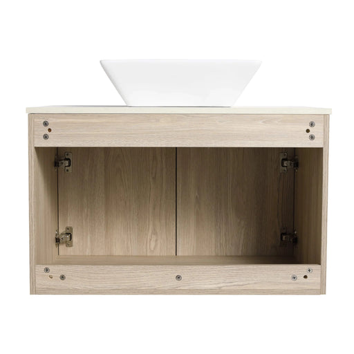 42 ' Modern Design Float Bathroom Vanity With Ceramic Art Sink, White Flat Stone Slab and Small Storage Shelves, Soft Closed Door, KD-Package (TOP-BAB101MOWH) Default -DTYStore