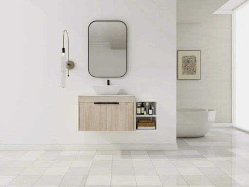 42 ' Modern Design Float Bathroom Vanity With Ceramic Art Sink, White Flat Stone Slab and Small Storage Shelves, Soft Closed Door, KD-Package (TOP-BAB101MOWH) Default -DTYStore