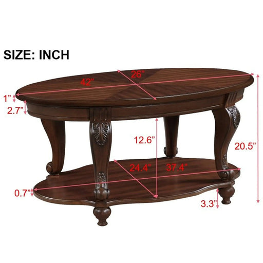 42'' oval wood coffee table for Living Room, 2-Tier Solid Wood Cocktail Table with Open Storage Shelf, Easy Assembly, Cherry Default -DTYStore