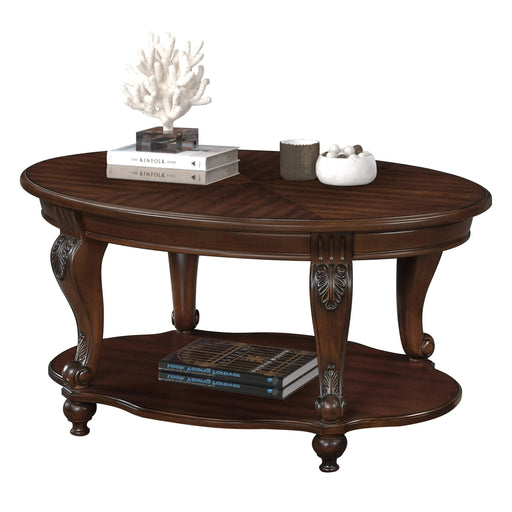 42'' oval wood coffee table for Living Room, 2-Tier Solid Wood Cocktail Table with Open Storage Shelf, Easy Assembly, Cherry Default -DTYStore