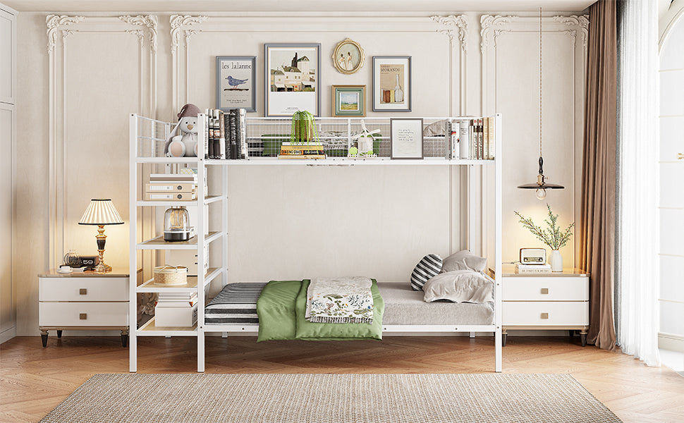 Twin Over Full Metal Bunk Bed with 5-Tier Shelves, White