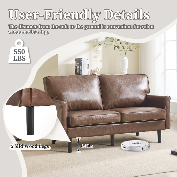 COOLMORE Loveseat Sofa, Mid Century Modern Love Seat, 2 Seater Sofa Couches for Living Room, Small Couch with USB & Removable Pillow Cover, Comfy Couch for Bedroom, Apartment (Brown PU)