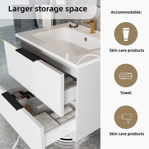 30 Inch Bathroom Vanity Cabinet With Ceramic Sink - White Wall Mounted Floating Fluted Vanity With Drawers, Modern - Image 6