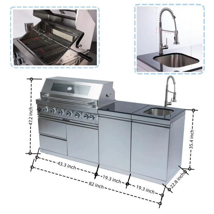 43-Inch 6-Burner 85000 BTU Deluxe Stainless Steel Gas Outdoor Kitchen Bar Barbecue Island Grill + Rotisserie + Granite Countertops + Storage Cabinets & Drawers + Stainless Steel Sink/Faucet Default -DTYStore