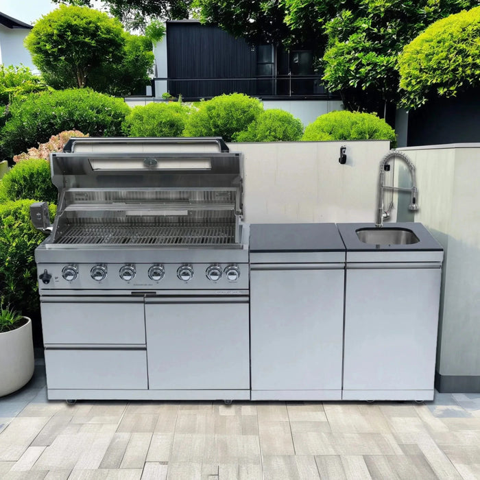 43-Inch 6-Burner 85000 BTU Deluxe Stainless Steel Gas Outdoor Kitchen Bar Barbecue Island Grill + Rotisserie + Granite Countertops + Storage Cabinets & Drawers + Stainless Steel Sink/Faucet Default -DTYStore