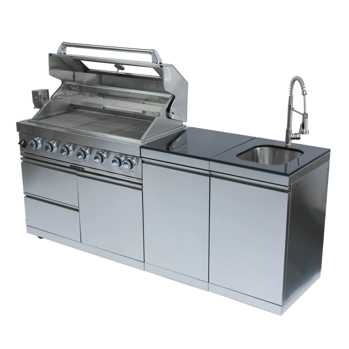 43-Inch 6-Burner 85000 BTU Deluxe Stainless Steel Gas Outdoor Kitchen Bar Barbecue Island Grill + Rotisserie + Granite Countertops + Storage Cabinets & Drawers + Stainless Steel Sink/Faucet Default -DTYStore