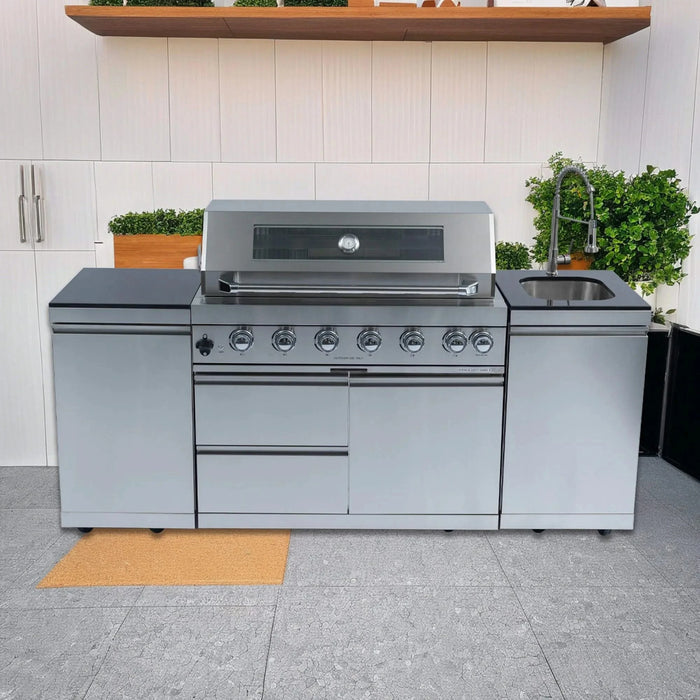 43-Inch 6-Burner 85000 BTU Deluxe Stainless Steel Gas Outdoor Kitchen Bar Barbecue Island Grill + Rotisserie + Granite Countertops + Storage Cabinets & Drawers + Stainless Steel Sink/Faucet Default -DTYStore