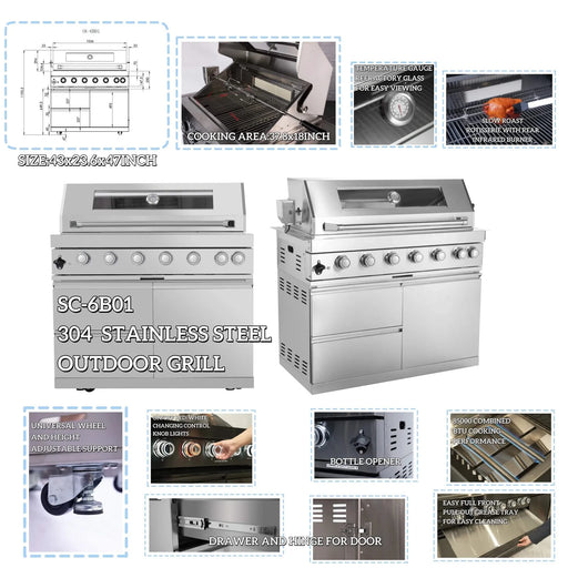 43-Inch 6-Burner 85000 BTU Deluxe Stainless Steel Gas Outdoor Kitchen Bar Barbecue Island Grill + Wine Cooler Compact Refrigerator + Rotisserie + Granite Countertops + Storage Cabinets & Drawers Default -DTYStore