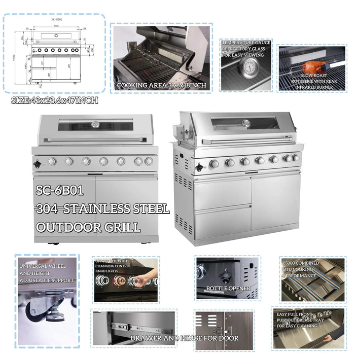 43-Inch 6-Burner 85000 BTU Deluxe Stainless Steel Gas Outdoor Kitchen Bar Barbecue Island Grill + Wine Cooler Compact Refrigerator + Rotisserie + Granite Countertops + Storage Cabinets & Drawers Default -DTYStore