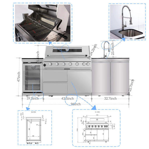 43-Inch 6-Burner 85000 BTU Deluxe Stainless Steel Gas Outdoor Kitchen Bar Barbecue Island Grill + Wine Cooler Compact Refrigerator + Rotisserie + Granite Countertops + Storage Cabinets & Drawers Default -DTYStore