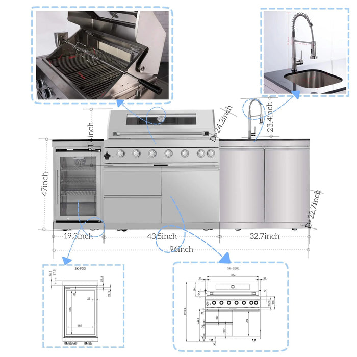 43-Inch 6-Burner 85000 BTU Deluxe Stainless Steel Gas Outdoor Kitchen Bar Barbecue Island Grill + Wine Cooler Compact Refrigerator + Rotisserie + Granite Countertops + Storage Cabinets & Drawers Default -DTYStore