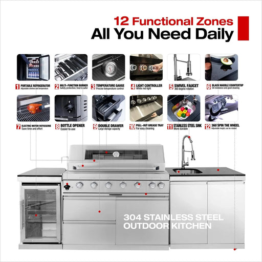 43-Inch 6-Burner 85000 BTU Deluxe Stainless Steel Gas Outdoor Kitchen Bar Barbecue Island Grill + Wine Cooler Compact Refrigerator + Rotisserie + Granite Countertops + Storage Cabinets & Drawers Default -DTYStore