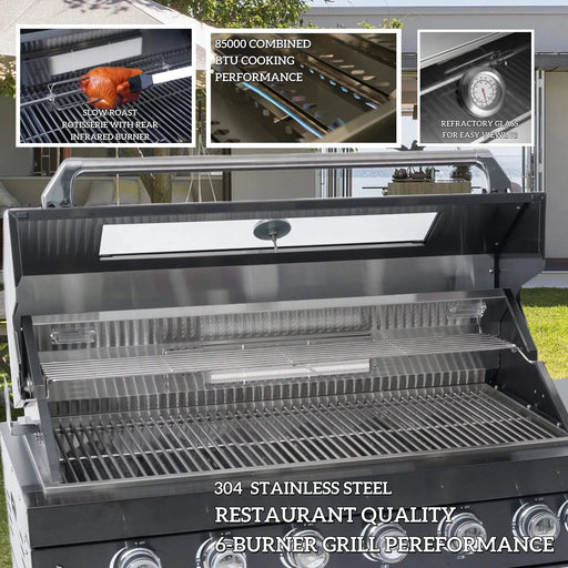 43-Inch 6-Burner 85000 BTU Deluxe Stainless Steel Gas Outdoor Kitchen Bar Barbecue Island Grill + Wine Cooler Compact Refrigerator + Rotisserie + Granite Countertops + Storage Cabinets & Drawers Default -DTYStore