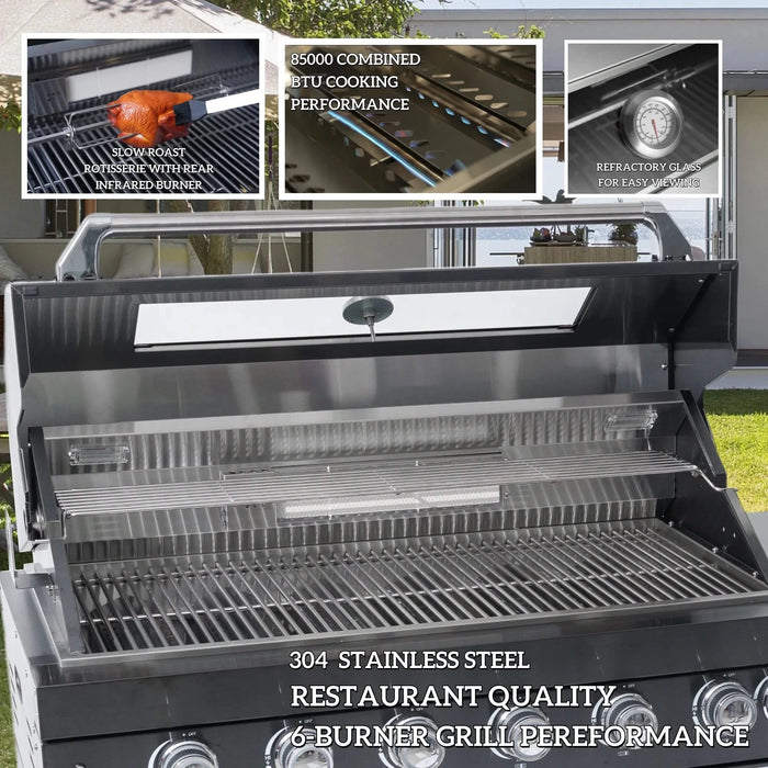 43-Inch 6-Burner 85000 BTU Deluxe Stainless Steel Gas Outdoor Kitchen Bar Barbecue Island Grill + Wine Cooler Compact Refrigerator + Rotisserie + Granite Countertops + Storage Cabinets & Drawers Default -DTYStore