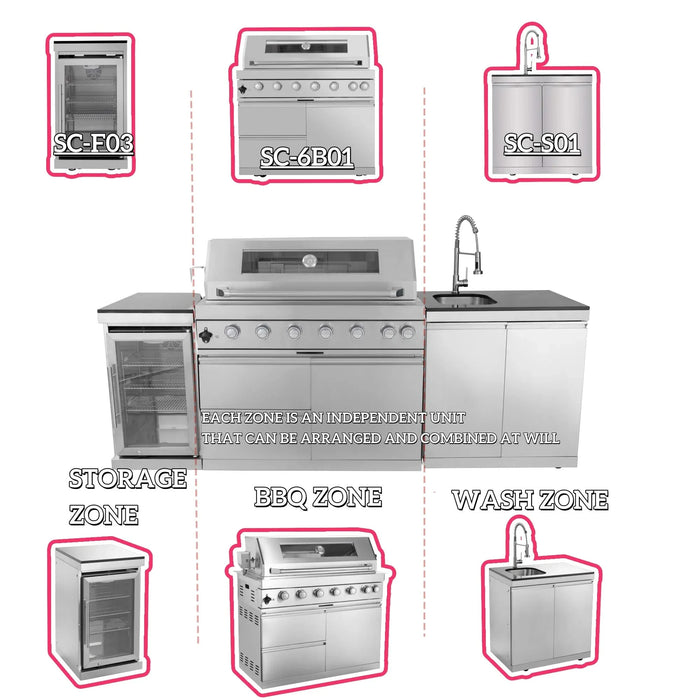 43-Inch 6-Burner 85000 BTU Deluxe Stainless Steel Gas Outdoor Kitchen Bar Barbecue Island Grill + Wine Cooler Compact Refrigerator + Rotisserie + Granite Countertops + Storage Cabinets & Drawers Default -DTYStore