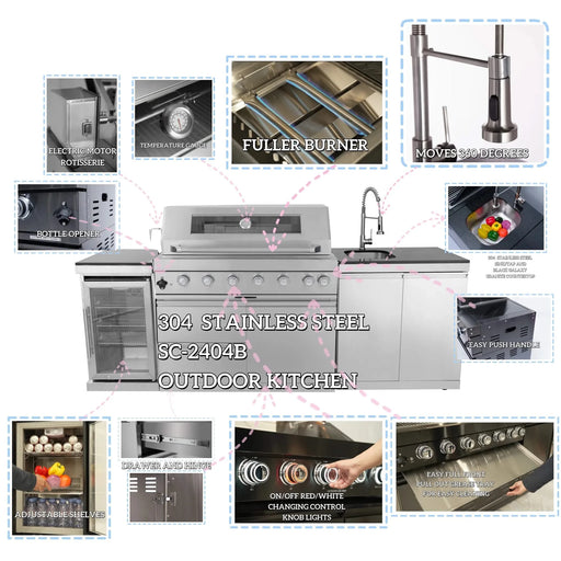 43-Inch 6-Burner 85000 BTU Deluxe Stainless Steel Gas Outdoor Kitchen Bar Barbecue Island Grill + Wine Cooler Compact Refrigerator + Rotisserie + Granite Countertops + Storage Cabinets & Drawers Default -DTYStore