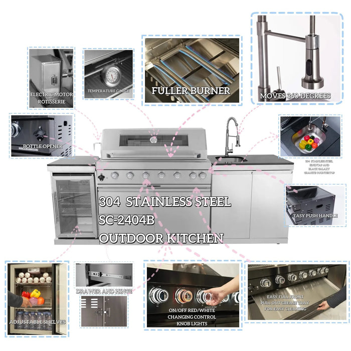 43-Inch 6-Burner 85000 BTU Deluxe Stainless Steel Gas Outdoor Kitchen Bar Barbecue Island Grill + Wine Cooler Compact Refrigerator + Rotisserie + Granite Countertops + Storage Cabinets & Drawers Default -DTYStore