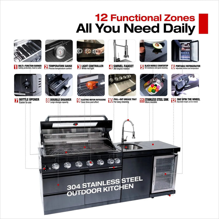 43-Inch 6-Burner 85000 BTU Deluxe Stainless Steel Gas Outdoor Kitchen Bar Barbecue Island Grill + Wine Cooler Compact Refrigerator + Rotisserie kit + Granite Countertops + Stainless steel Sink Default -DTYStore