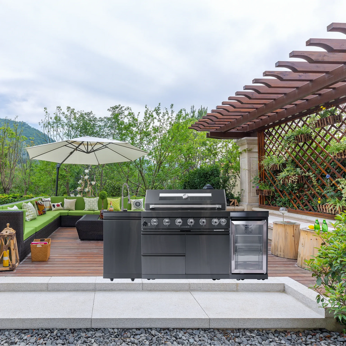 43-Inch 6-Burner 85000 BTU Deluxe Stainless Steel Gas Outdoor Kitchen Bar Barbecue Island Grill + Wine Cooler Compact Refrigerator + Rotisserie kit + Granite Countertops + Stainless steel Sink Default -DTYStore