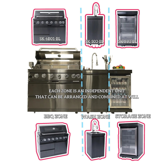 43-Inch 6-Burner 85000 BTU Deluxe Stainless Steel Gas Outdoor Kitchen Bar Barbecue Island Grill + Wine Cooler Compact Refrigerator + Rotisserie kit + Granite Countertops + Stainless steel Sink Default -DTYStore