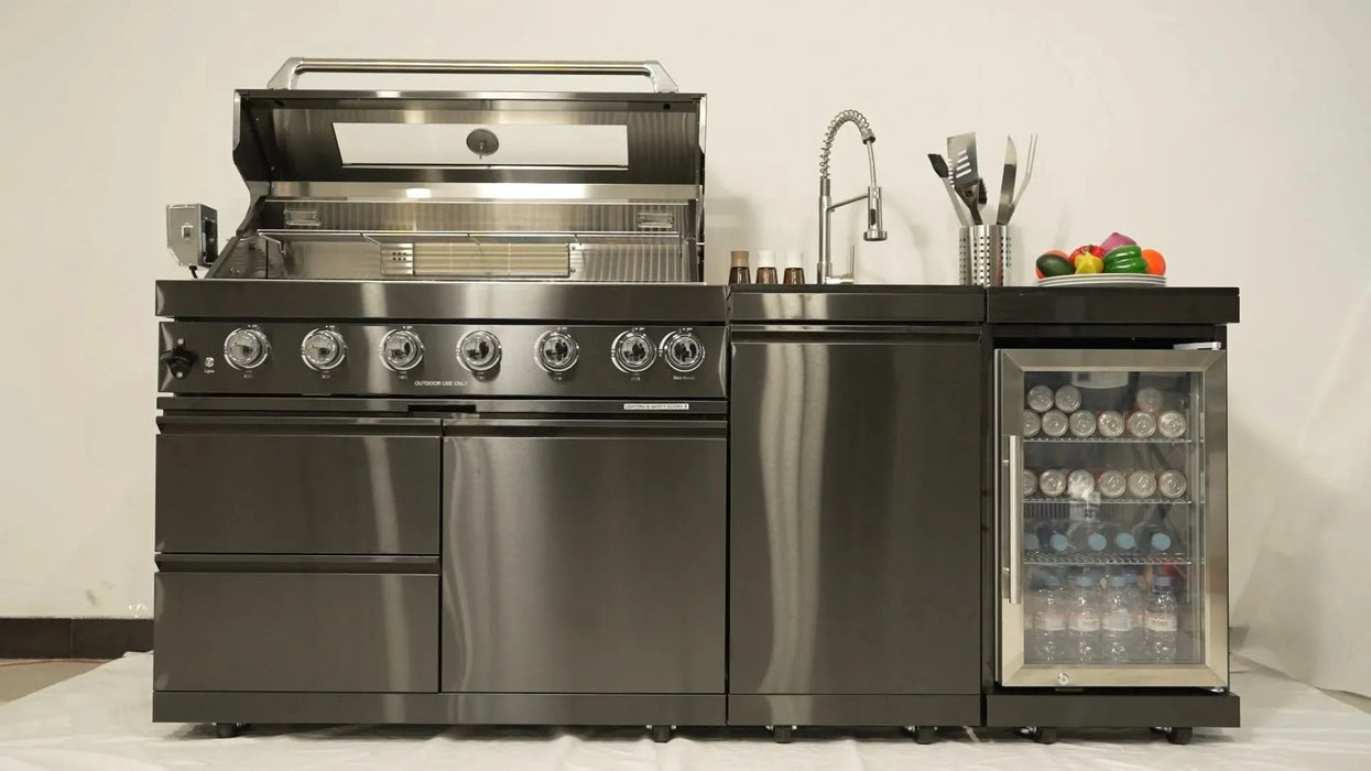 43-Inch 6-Burner 85000 BTU Deluxe Stainless Steel Gas Outdoor Kitchen Bar Barbecue Island Grill + Wine Cooler Compact Refrigerator + Rotisserie kit + Granite Countertops + Stainless steel Sink Default -DTYStore