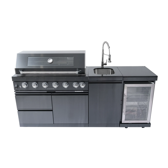 43-Inch 6-Burner 85000 BTU Deluxe Stainless Steel Gas Outdoor Kitchen Bar Barbecue Island Grill + Wine Cooler Compact Refrigerator + Rotisserie kit + Granite Countertops + Stainless steel Sink Default -DTYStore