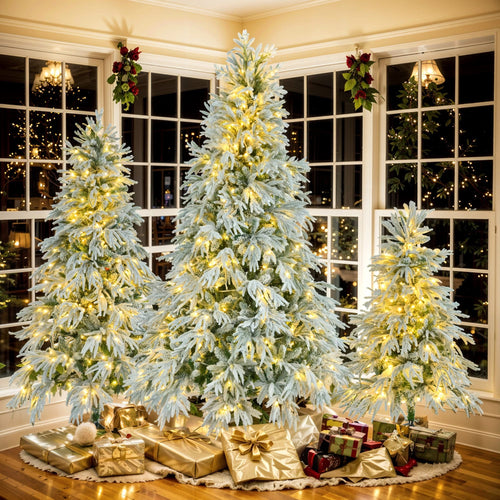 Pre-Lit Spruce Snow Flocked Christmas Tree Set-4FT, 6FT, 7.5FT, Artificial Hinged Xmas Tree with 800 Warm-Yellow & Colorful LED Lights, 8 Flashing Modes, Holiday Office Home Décor - Image 1