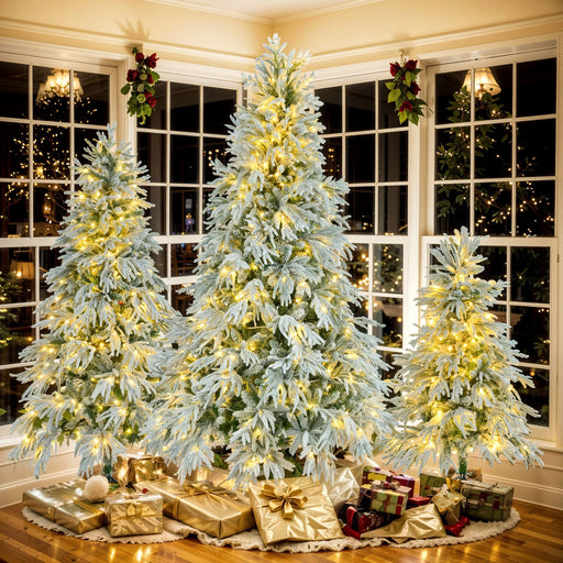 Pre-Lit Spruce Snow Flocked Christmas Tree Set-4FT, 6FT, 7.5FT, Artificial Hinged Xmas Tree with 800 Warm-Yellow & Colorful LED Lights, 8 Flashing Modes, Holiday Office Home Décor
