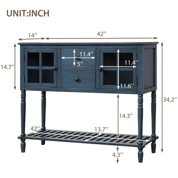 Sideboard Console Table with Bottom Shelf, Farmhouse Wood/Glass Buffet Storage Cabinet Living Room (Antique Navy) - DTYStore