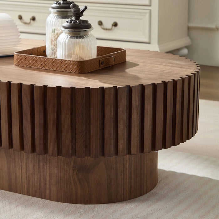 43.70 Inch Modern Handcraft Drum Coffee Table Oval Coffee Table for Living Room,Small Wooden Coffee Table with Sturdy Pedestal for Office,Walnut Default -DTYStore